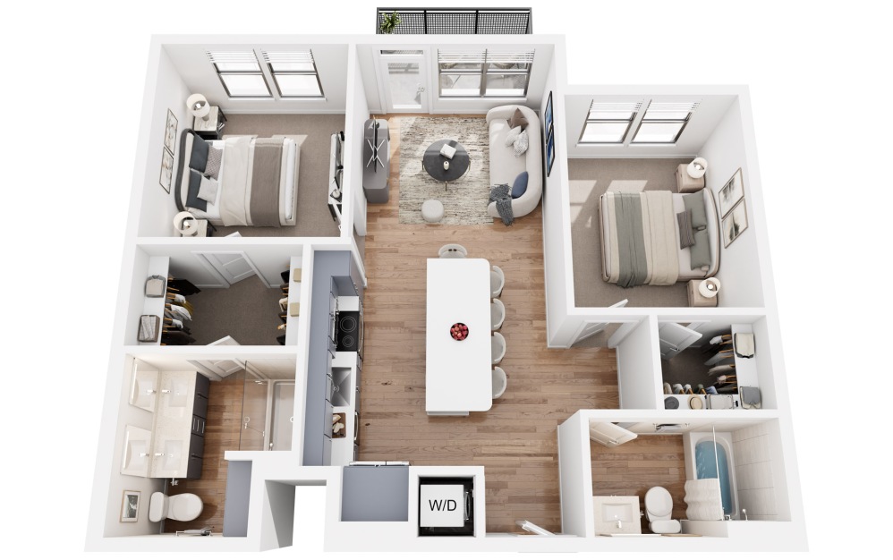 B1 - 2 bedroom floorplan layout with 2 bathrooms and 964 square feet