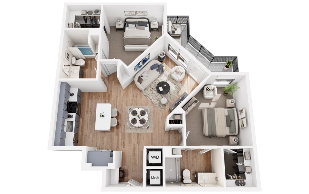 B2A - 2 bedroom floorplan layout with 2 bathrooms and 1157 square feet