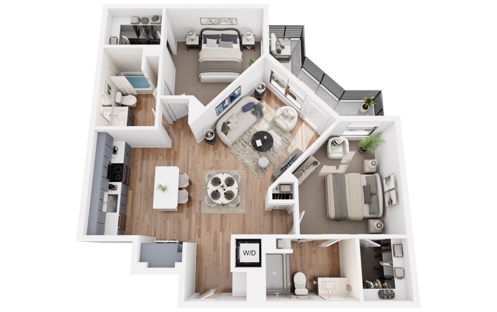B2 - 2 bedroom floorplan layout with 2 bathrooms and 1075 square feet