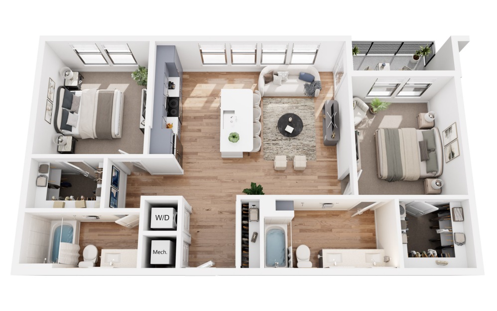 B3 - 2 bedroom floorplan layout with 2 bathrooms and 1082 - 1088 square feet