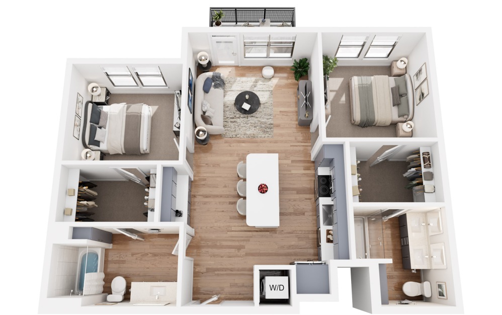 B6 - 2 bedroom floorplan layout with 2 bathrooms and 1170 square feet