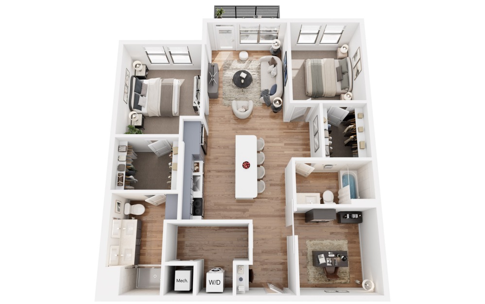 B7 - 2 bedroom floorplan layout with 2 bathrooms and 1271 square feet